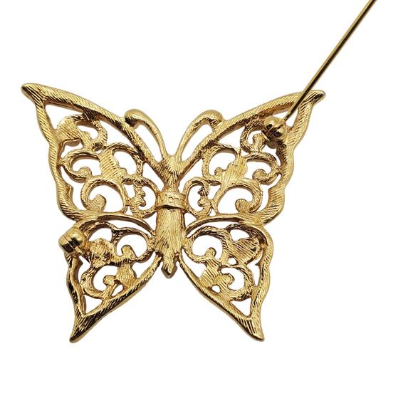 Monet Butterfly Brooch Gold Tone Filigree Pin Rhinestone Jewel Tones Insect - Picture 4 of 5